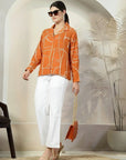 Orange floral printed opaque Spread Collar Casual Buttoned Top