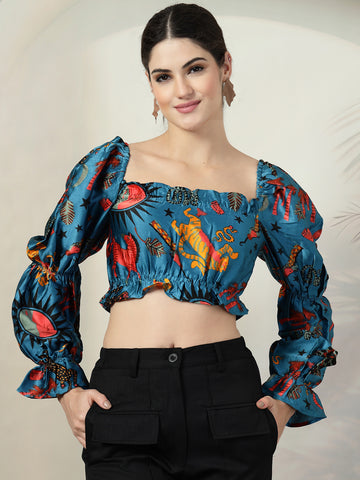 Blue Floral Print Puff Sleeve Crop Top