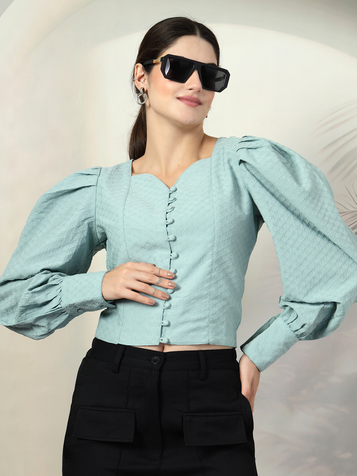 Green Solid Full Sleeve Top