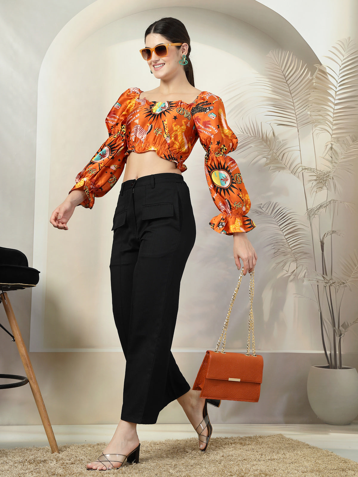 Orange Printed  Crop Top