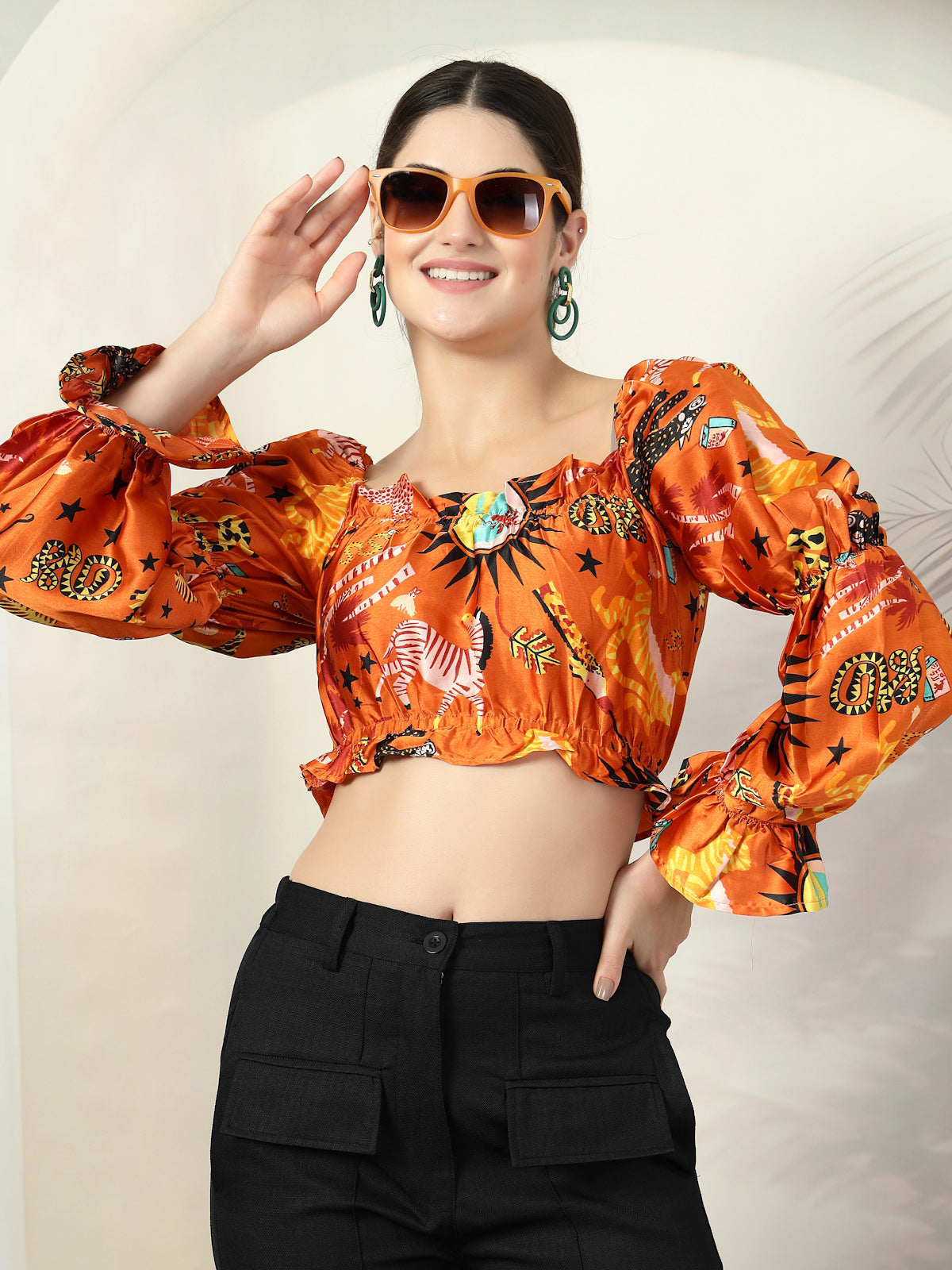 Orange Printed  Crop Top