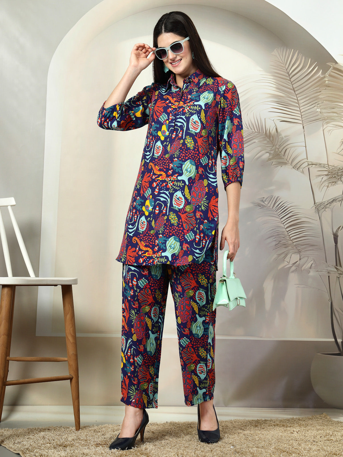Blue Printed Pure Cotton Tunic &amp; Trouser Co-Ords