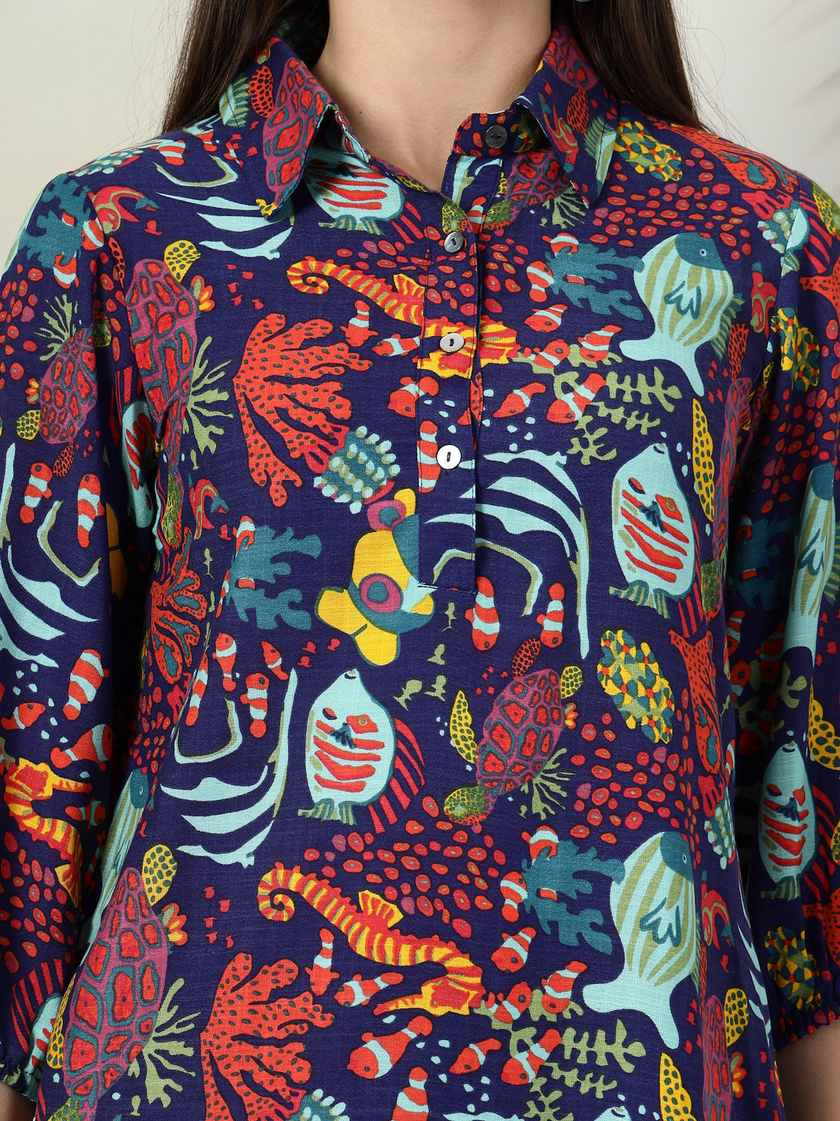 Blue Printed Pure Cotton Tunic &amp; Trouser Co-Ords