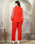 Red Embroidered Pure Cotton Shirt With Trousers Co-Ords