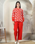 Red Embroidered Pure Cotton Shirt With Trousers Co-Ords