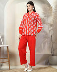 Red Embroidered Pure Cotton Shirt With Trousers Co-Ords