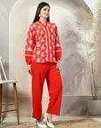 Red Embroidered Pure Cotton Shirt With Trousers Co-Ords