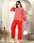 Red Embroidered Pure Cotton Shirt With Trousers Co-Ords