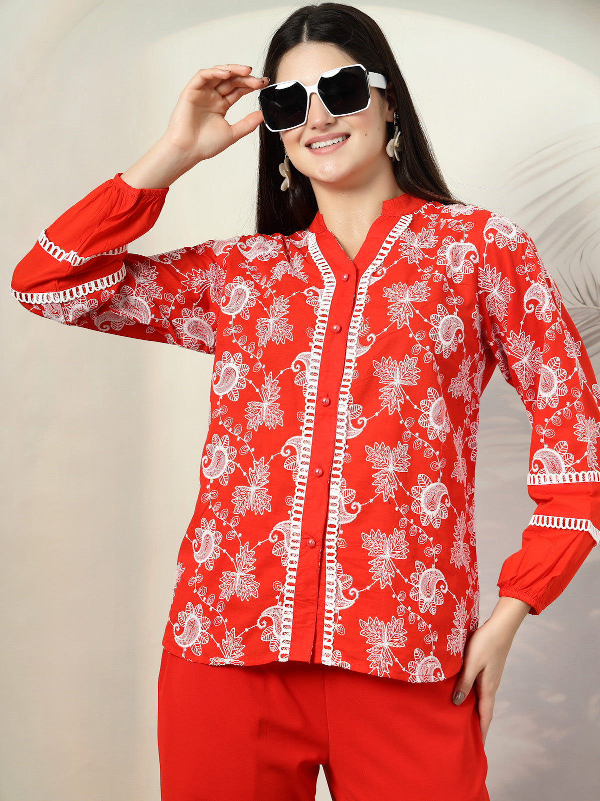 Red Embroidered Pure Cotton Shirt With Trousers Co-Ords