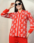 Red Embroidered Pure Cotton Shirt With Trousers Co-Ords