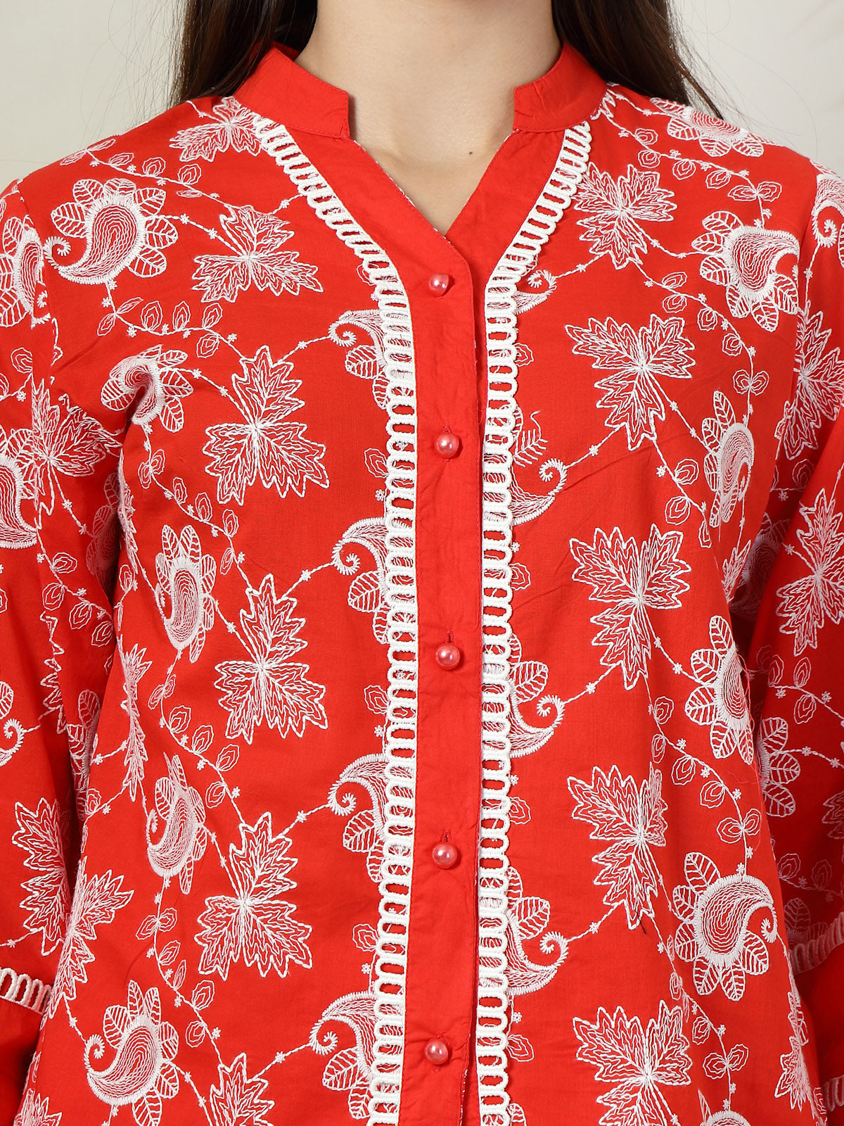 Red Embroidered Pure Cotton Shirt With Trousers Co-Ords