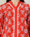 Red Embroidered Pure Cotton Shirt With Trousers Co-Ords