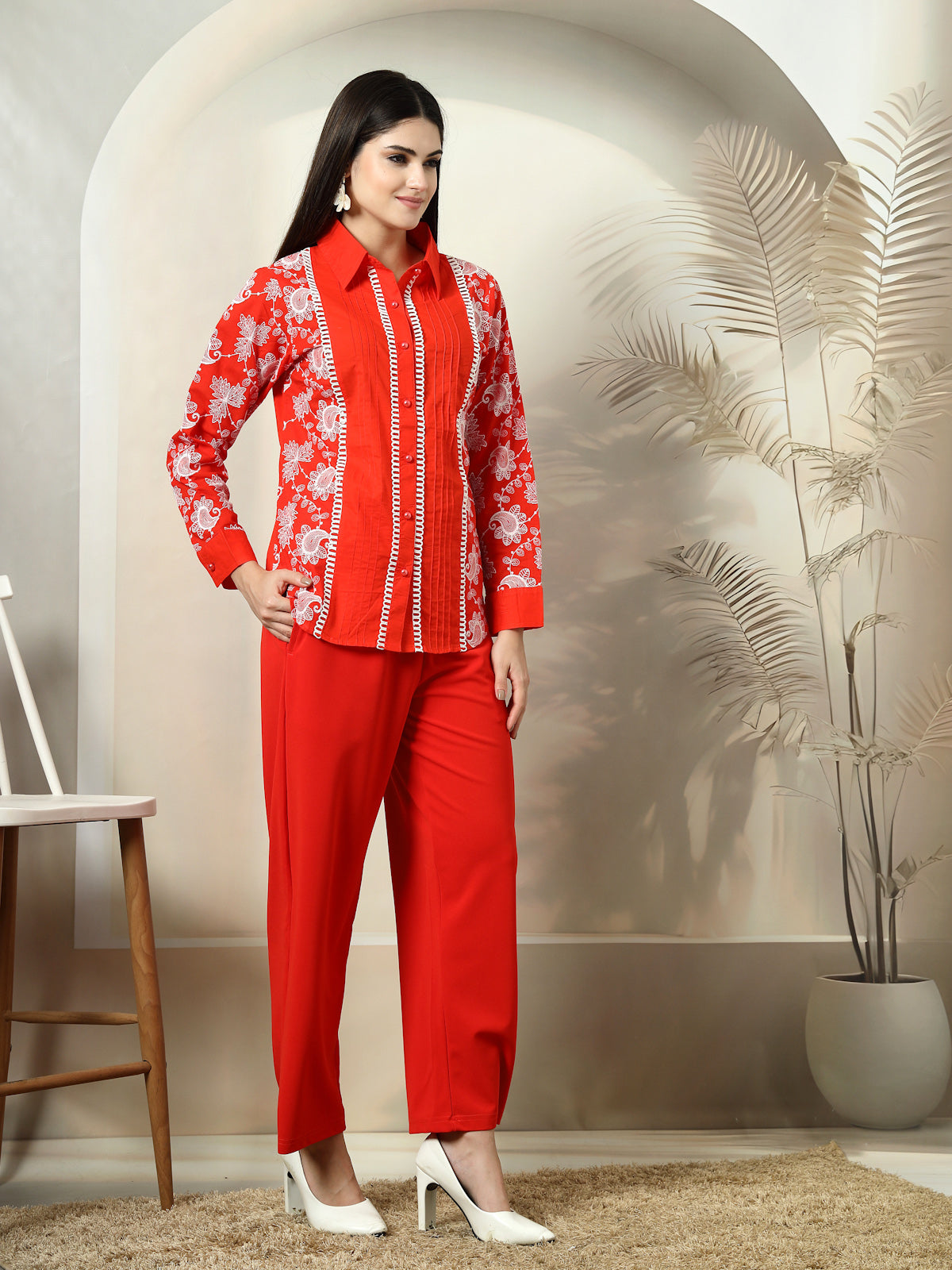 Red Embroidered Shirt With Trousers Co-Ords