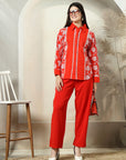 Red Embroidered Shirt With Trousers Co-Ords