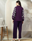 Purple Embroidered Pure Cotton Shirt With Trousers Co-Ords