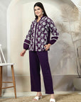 Purple Embroidered Pure Cotton Shirt With Trousers Co-Ords