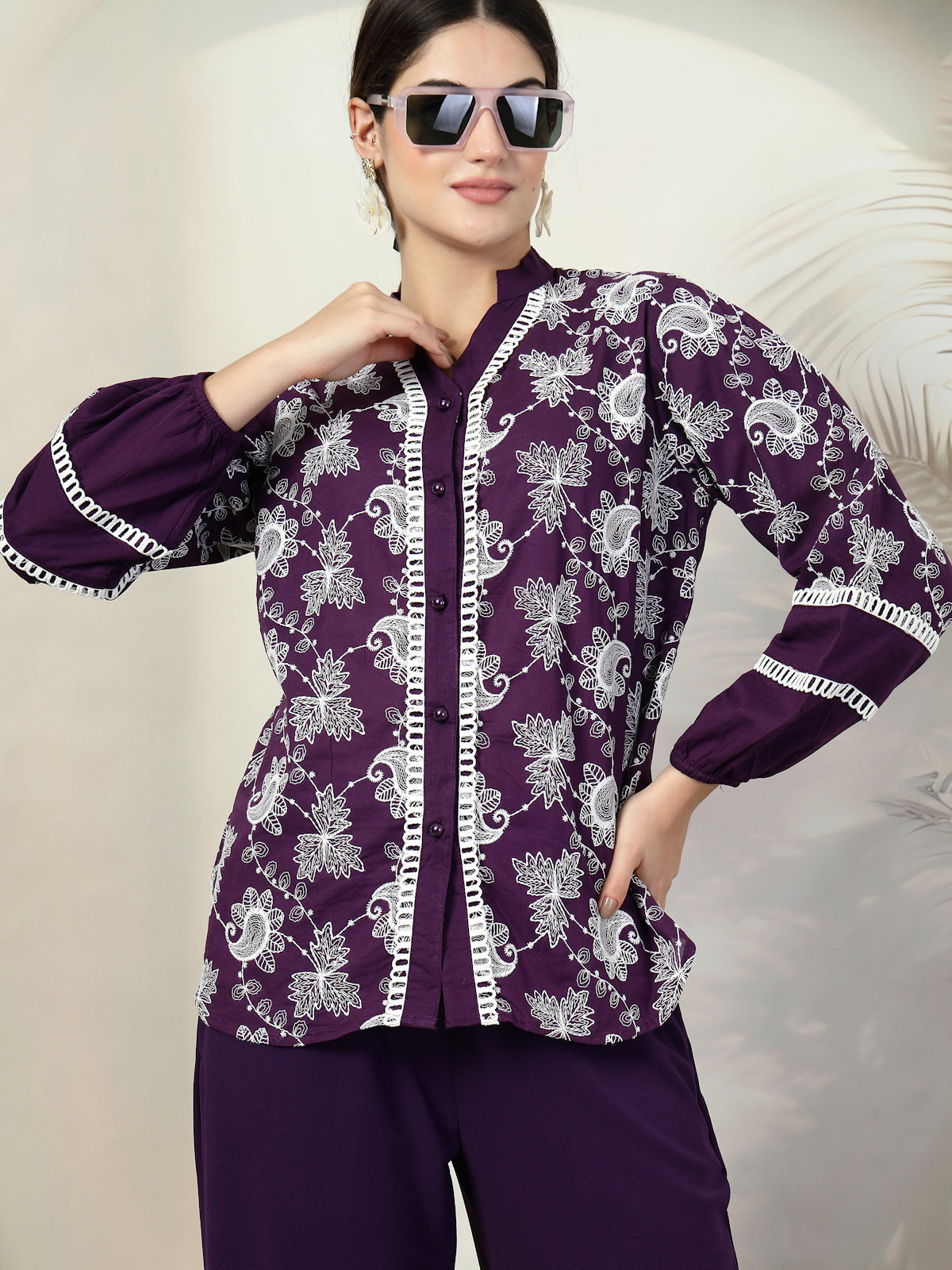 Purple Embroidered Pure Cotton Shirt With Trousers Co-Ords