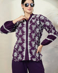 Purple Embroidered Pure Cotton Shirt With Trousers Co-Ords