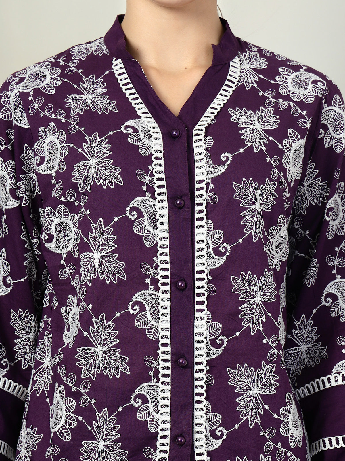 Purple Embroidered Pure Cotton Shirt With Trousers Co-Ords