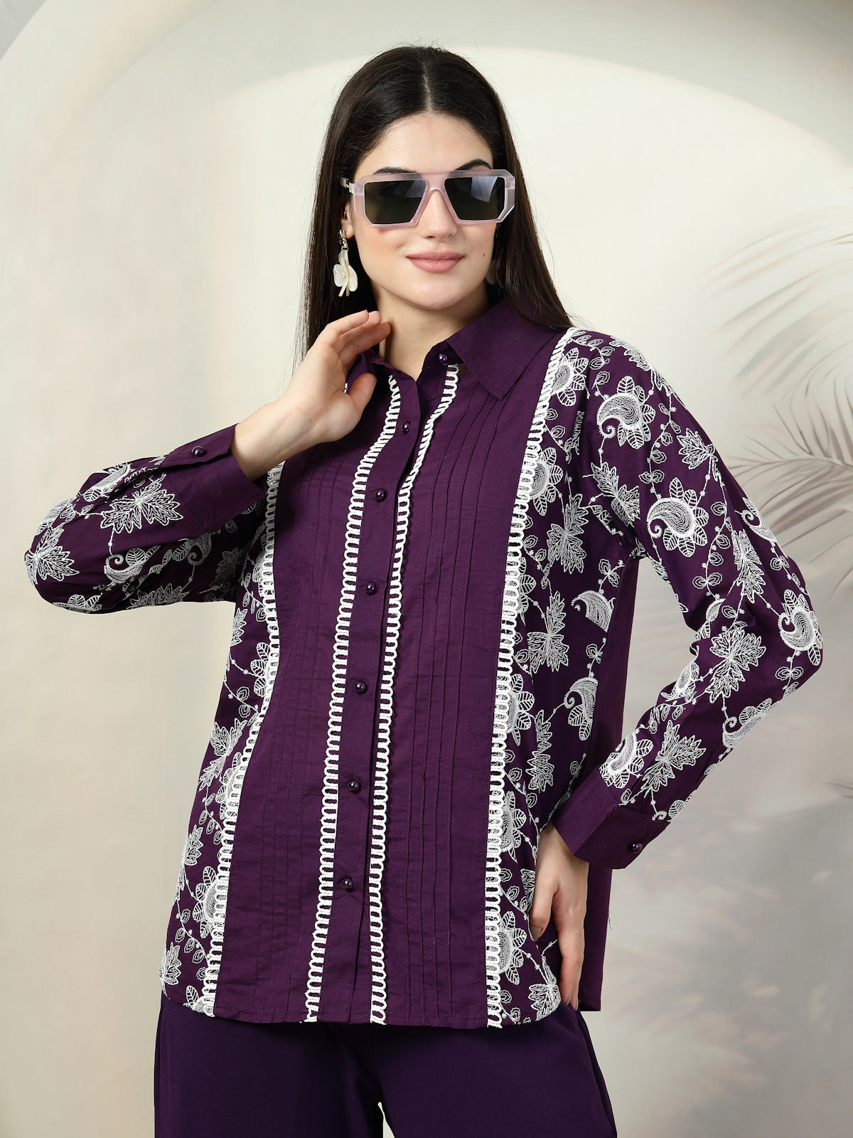 Purple Embroidered Shirt With Trousers Co-Ords