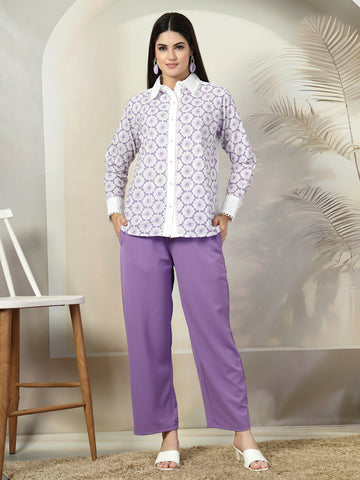 Purple Pure Cotton Shirt With Trousers Co-Ords