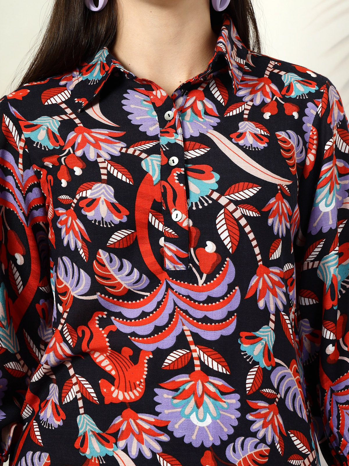 Green Printed Pure Cotton Shirt With Trousers Co-Ords