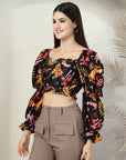 Back Floral Print Puff Sleeve Crop Top