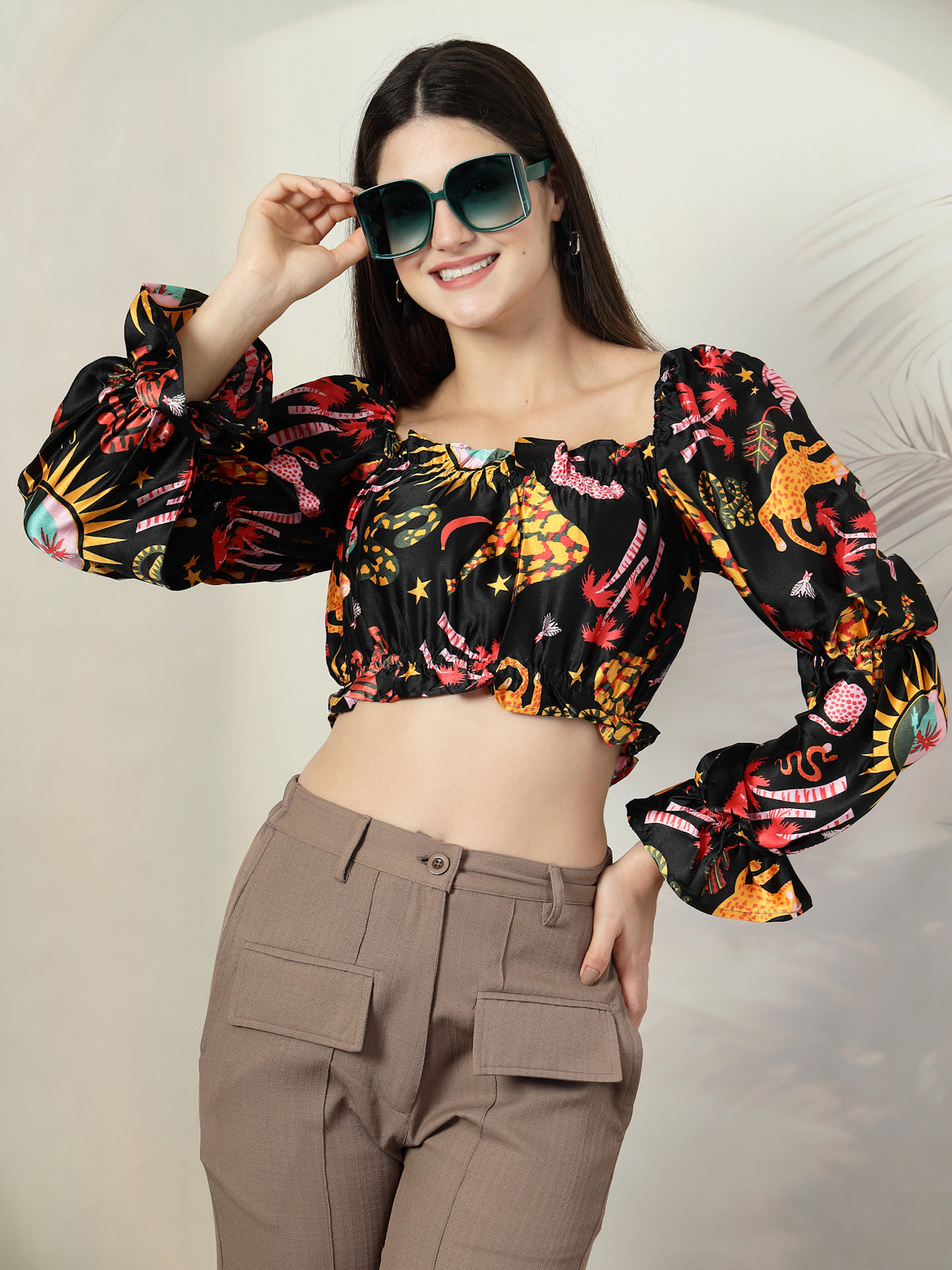 Back Floral Print Puff Sleeve Crop Top