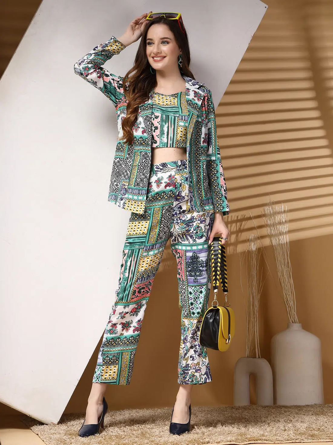 Women Printed Pure Cotton Top With Trouser & Blazer Co Ords