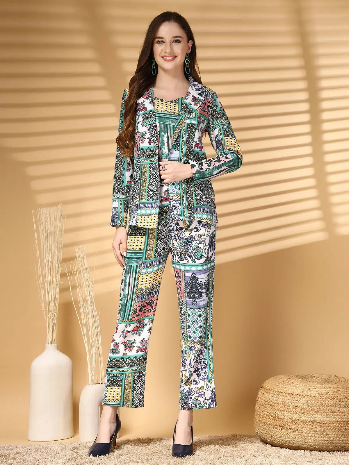 Women Printed Pure Cotton Top With Trouser & Blazer Co Ords