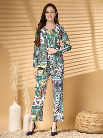 Women Printed Pure Cotton Top With Trouser & Blazer Co Ords