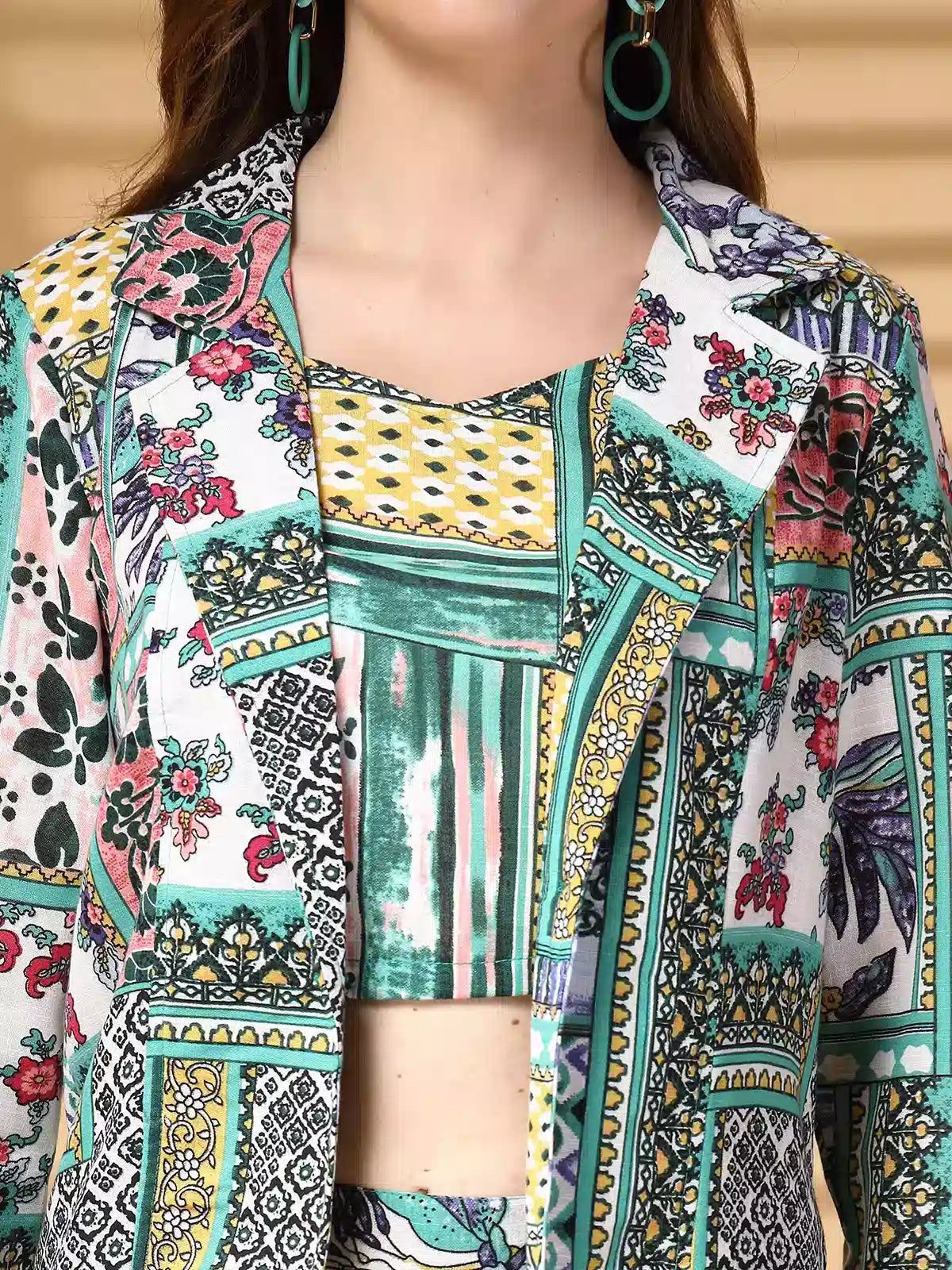 Women Printed Pure Cotton Top With Trouser &amp; Blazer Co Ords