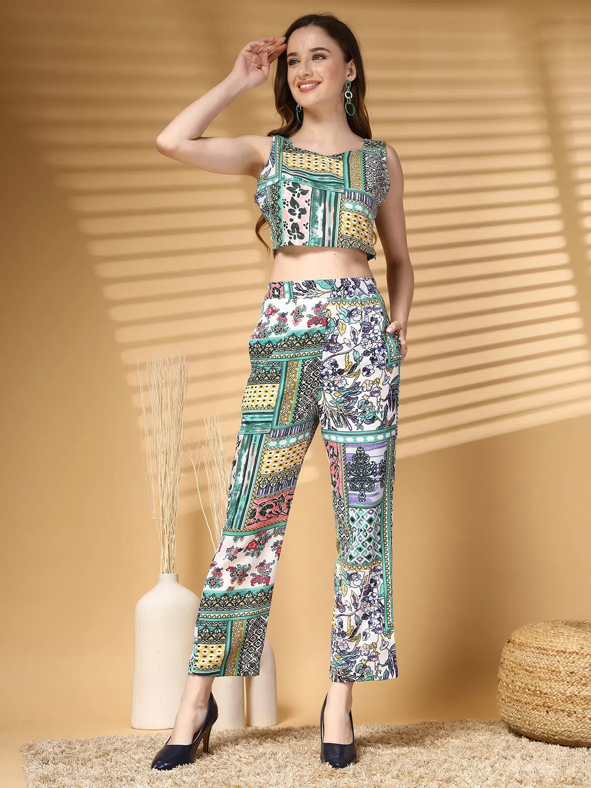 Women Printed Pure Cotton Top With Trouser &amp; Blazer Co Ords