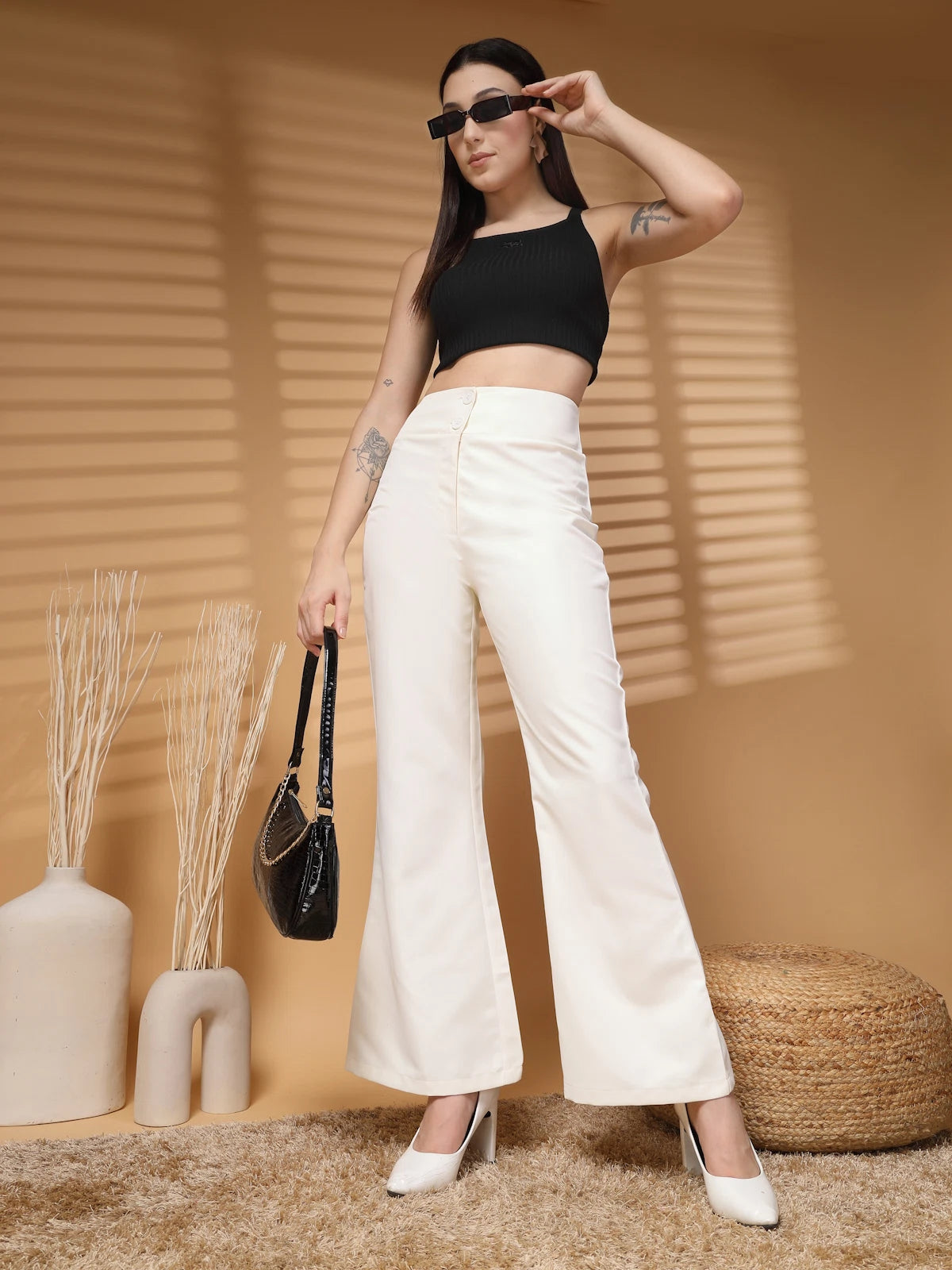 Cream Solid Regular Trousers Women Loose Fit Trousers