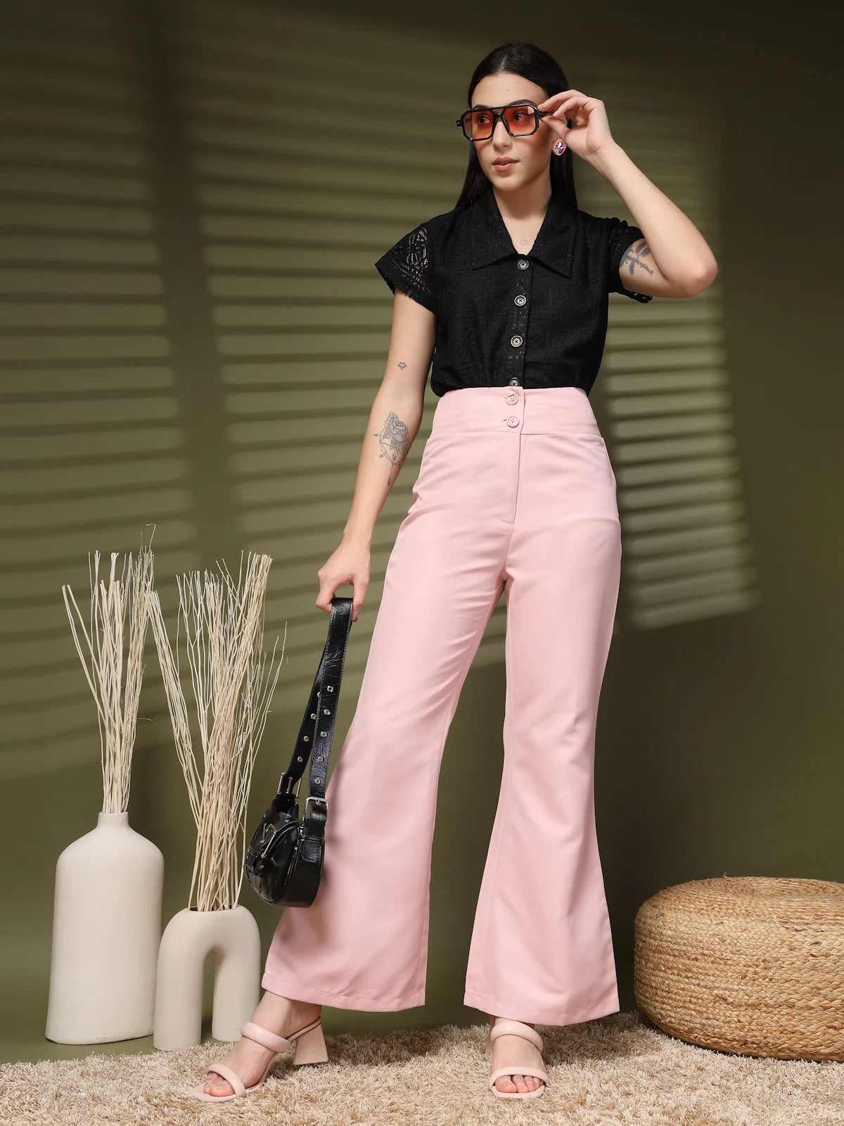 Pink Solid Regular Trousers Women Loose Fit Trousers