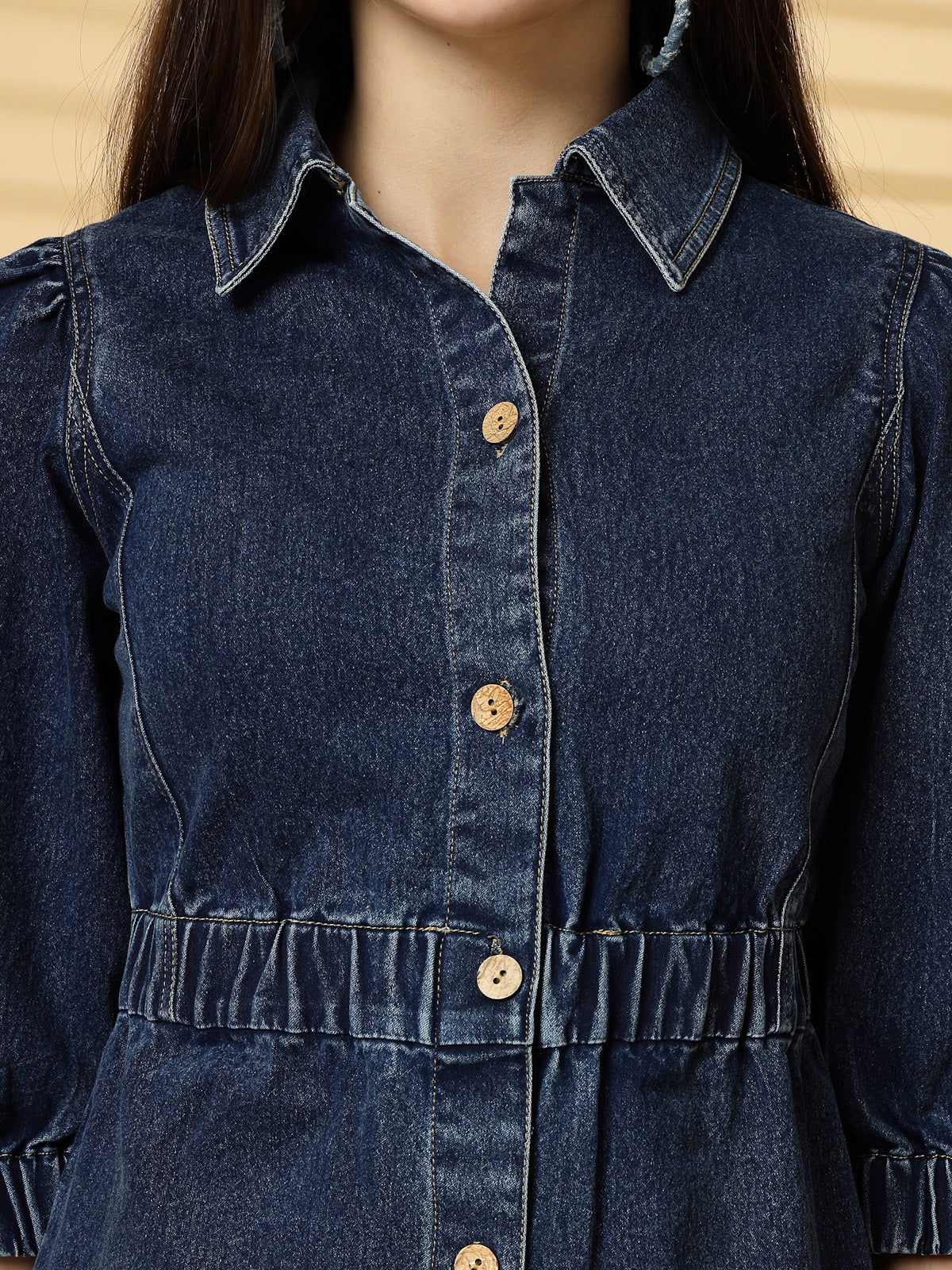 Blue Solid A-line Denim dress