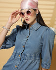 Light Blue Solid A-line Denim dress