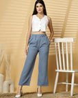 Women Blue Solid Pleated Trousers