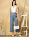 Women Blue Solid Pleated Trousers