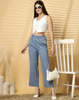 Women Blue Solid Pleated Trousers