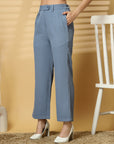 Women Blue Solid Pleated Trousers