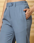 Women Blue Solid Pleated Trousers