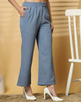 Women Blue Solid Pleated Trousers