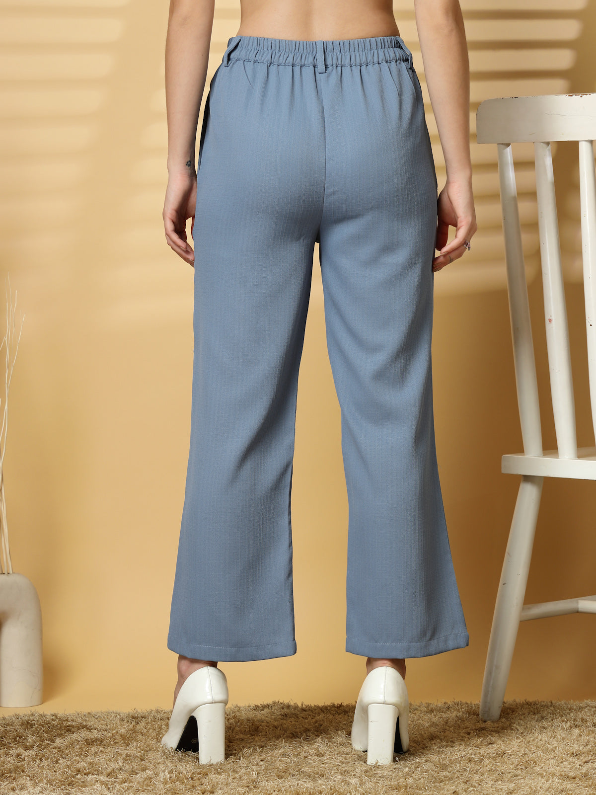 Women Blue Solid Pleated Trousers