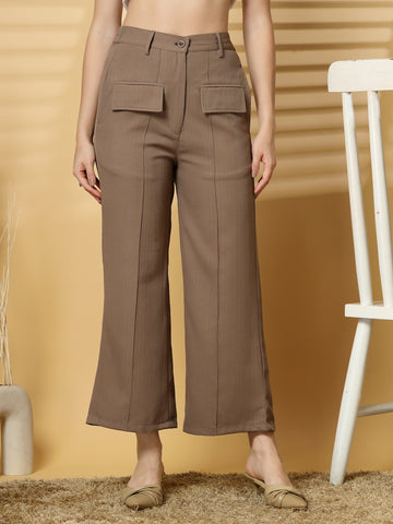 Women Brown Solid Pleated Trouser