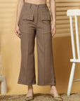 Women Brown Solid Pleated Trouser