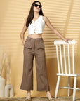 Women Brown Solid Pleated Trouser