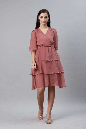 Dusty Pink Solid Layered Wrap Dress
