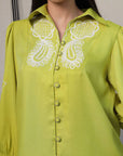 Shirt Collar Embroidered Cotton Shirt With Trousers Co-Ords Set lime-green