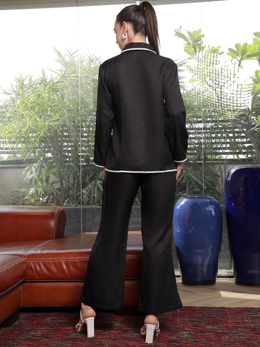 Shirt Collar Embroidered Cotton Shirt With Trousers Co-Ords Set black